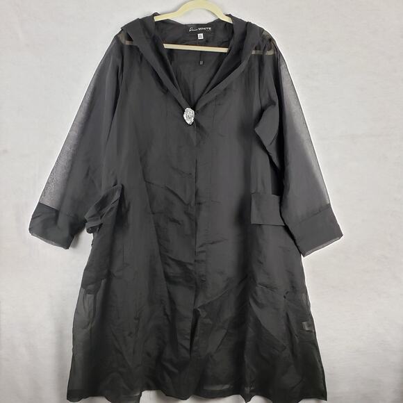 Donna White Women's L Semi‎ Sheer Nylon Overcoat Black Button Front Whimsigoth - Picture 1 of 16